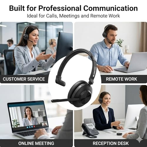 Voistek Wireless Headset with Mic for Work, Mono Bluetooth Computer Headset with USB Dongle, Noise Cancelling Mic, Mute Button, Wireless Business Headset for Zoom, Teams, Call Center, Home Office - color: Deep Black