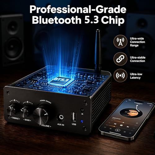 LONPOO 200W Bluetooth Audio Amplifier with DAC for Bookshelf Speaker HiFi | TPA3116 Chip, 2.0 Channel, Optical Coaxial USB RCA Aux Input, Plug and Play, Low Distortion, Black - color: all black