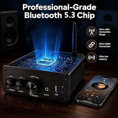 LONPOO 200W Bluetooth Audio Amplifier with DAC for Bookshelf Speaker HiFi | TPA3116 Chip, 2.0 Channel, Optical Coaxial USB RCA Aux Input, Plug and Play, Low Distortion, Black - color: all black