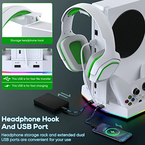 Upgraded Cooling Fan Stand for Xbox Series S with Charger Station | MENEEA Controller Charging Dock & Console Cooler System with 15 Colorful RGB Light & Headset Hook, Accessories for XSS