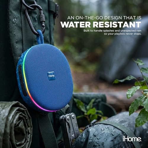 iHome Venture Wireless Portable Bluetooth Speaker with RGB Lights | Water Resistant, Built-in Carry Strap, TWS Pairing, Color-Changing LEDs, Rechargeable Battery, Cable Included, Bluetooth 5.3 - color: Blue