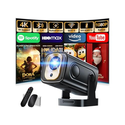 Projector [Auto Focus & Native 1080P & Built-in Apps] Mini Portable Projector 1080P, 4K Full HD with WiFi 6 & Bluetooth 5.4, Auto Focus & Keystone, 270° Rotatable, Compatible with Phone/HDMI/USB,Black - color: Obsidian Black