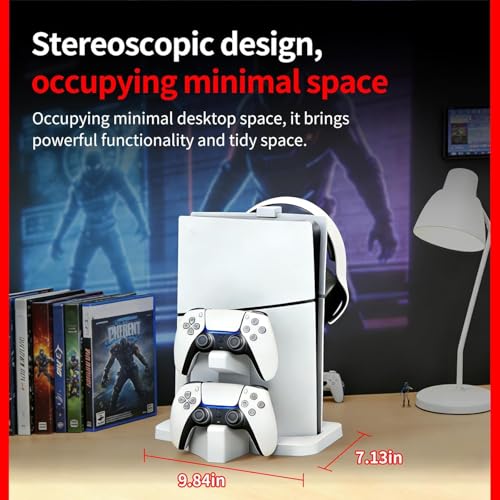 NBCP PS5 Stand with Controller Charging Station - Silent Fanless Design Vertical Stand for PlayStation 5 Slim - Dual Controller Charger with Headphone Holder - color: B