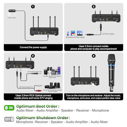 4 Channel UHF Wireless Mic Set with Handheld/Bodypack/Headset/Lapel Mics with Bluetooth Receiver Box + Volume Control Echo for Karaoke PA DJ Party (Wireless Microphone System)