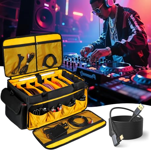 Large DJ Equipment Bag with 6 Detachable Dividers,DJ Cable File Bag with Laptop and Microphone Slots,Travel Dj Gig Organizer Bags for DJ Gear,Musicians, Professional and Dj Accessories( 21.5"×12"×11") - size: L( 21.5"×12"×11")
