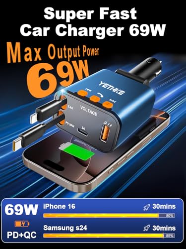 Bluetooth Car Adapter with Retractable Charger,[Upgrade] Bluetooth 5.4 FM Transmitter for Cars, 4 in 1 Fast Car Charger 69W, Handsfree Call, 2*Retractable Cable for iPhone 17/16/15/14, Galaxy-Blue - color: Blue