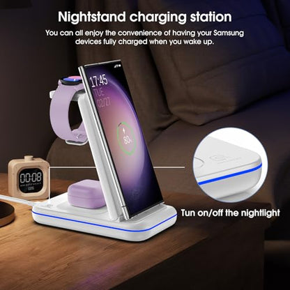 Wireless Charging Station for Samsung/Android, Fast Wireless Watch Charger Station Compatible for Samsung Galaxy S26 Ultra/S25/S24+/Z Flip 7/6 Fold 7/6, Watch8/7/Pro/Active 2 Galaxy Buds3/2 Pro(White) - color: White