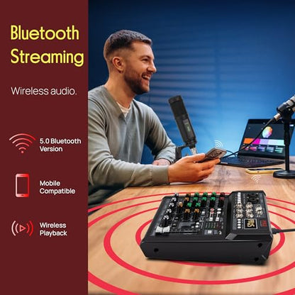 Pyle 6 Channel Studio Mixer - Small Footprint, USB - PC Recording, Bluetooth In, MP3 Player, DSP Effects, +48V Phantom Power, XLR Combo Inputs, Control Room Out, Smooth Dials and Faders - PMX406ST - size: 6