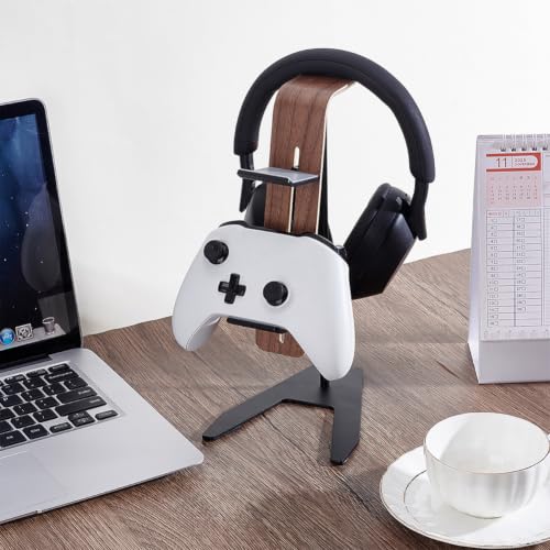 UNICRAFTALE Headphone Stand for Desk Wood & Aluminum Gaming Headset Stand Wooden Black Headphones Holder Headsets Holders with Solid Heavy Base for Gaming Equipment Headset Holder 9"x1.8"x3"
