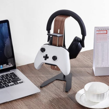 UNICRAFTALE Headphone Stand for Desk Wood & Aluminum Gaming Headset Stand Wooden Black Headphones Holder Headsets Holders with Solid Heavy Base for Gaming Equipment Headset Holder 9"x1.8"x3"