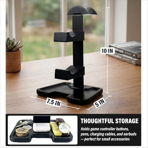 Gaming Equipment Headset Stand with Dual Controller Organizer Rack & Storage Base, Headphone Stand Gamer Gifts for Men Teenage Boy, Unique Gifts for Gamers to Organize Gaming Accessories (Black Wood)