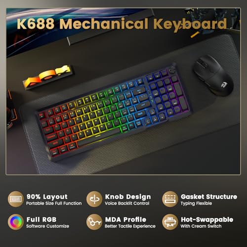 Redragon Wireless Mechanical Keyboard, 3 Mode Gasket Mounted RGB Gaming Keyboard with Volume Knob, Pre-Lubed Linear Switches, MDA-Profile, 98 Keys Hot Swappable Creamy Keyboard for PC/Tablet/Xbox/PS4 - color: Black Gray