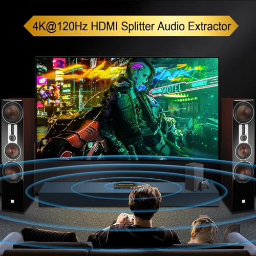 CORSAHD 8K@60Hz 4K@120Hz HDMI2.1 Splitter 1 in 4 Out with Audio Extractor,HDCP2.3,Supports SPDIF 5.1Ch,VRR,ALLM,HDCP Bypass,EDID,Duplicate,Downscale,HDR,Dolby Vision Atmos,Soundbar,Capture Card