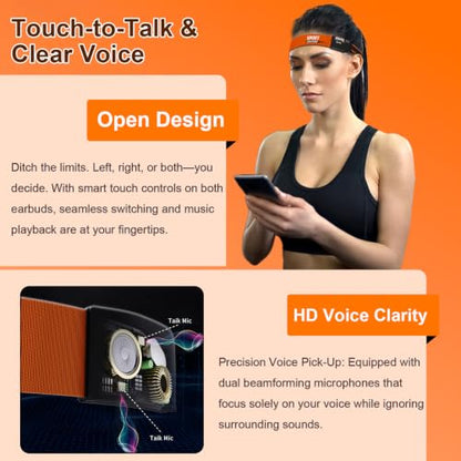 Headband Headphones & Open-Ear Headband with HD External Speakers, Bluetooth Sport Headphones for Running, Walking, Fitness, Breathable Sweat-Wicking Band with LED Headlamp, 12H Playtime, Orange