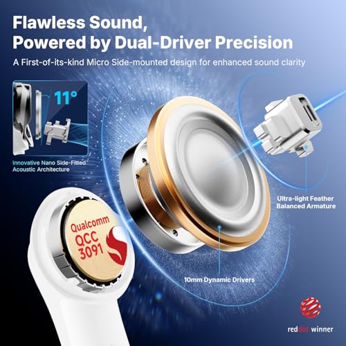 EarFun Air Pro 4+ Adaptive Noise Cancelling Wireless Earbuds, Dual Drivers | Qualcomm aptX Lossless, Translation Earbuds, Snapdragon Sound, 6 Mics AI Calls, Hi-Res Sound, LDAC, Bluetooth 6.0, 54H, White - color: White