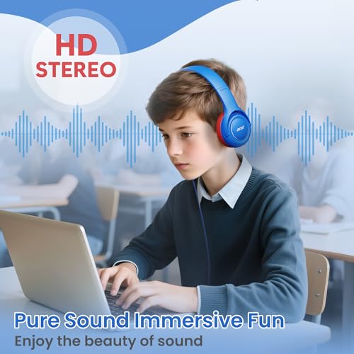 Acer Kids Headphones for School, 85-94dB Limiter, 3.5mm Jack, w/Mic HK03 | Foldable Wired Over Ear Headphones, for Toddler School/Tablet/iPad/PC/Travel, Blue-Red - color: Blue Red