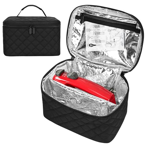 Hand Mixer Carrying Bag for KitchenAid 5/6/7/9 Speed Mixers | Quilted Storage Case with Aluminum Lining, Clear PVC Pocket and Top Handle for Hand Mixer, Beaters and Attachments, Black