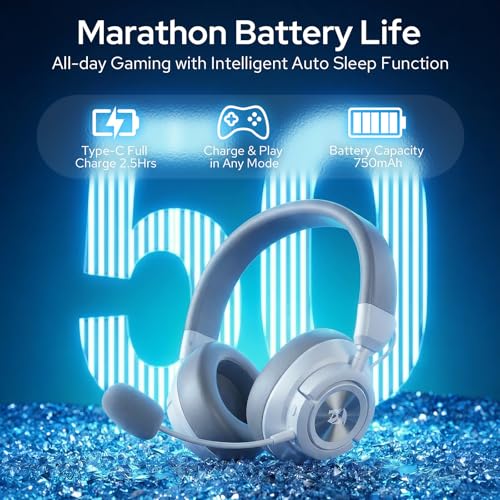 Redragon H889 Wireless Gaming Headset, 4-in-1 (2.4G/BT/USB/3.5mm), 51H Battery & Play-While-Charging, 7.1 Spatial Audio & 53mm Drivers, Detachable Mic, Multi-Platform Headphone for PC/PS5/NS/Mobile - color: White