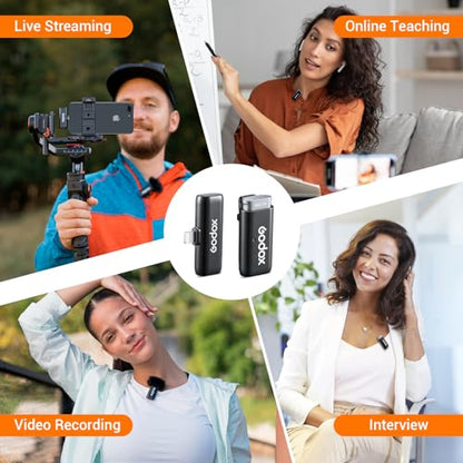 GODOX WES1 Kit1 Lightning Wireless Microphone | MFi Certified Plug & Play, 7g Ultralight, Noise Cancelling, 656ft Range, For iPhone iPad Vlog Live Stream