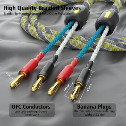 9AWG Speaker Wire 2 x 6.3 mm² HiFi Audiophile Speaker Cable 1 Pair(1.5M) | High Purity OFC Gold Plated Brass Banana Plug Connectors for Speakers,Amplifier,Audio Video,AV Receivers - size: 1.5M