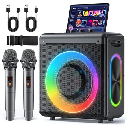 Karaoke Machine with 2 Wireless Rechargeable Microphones: Portable Bluetooth Speaker for Adults & Kids - PA System with Lights Supports TWS/TF Card/USB/AUX for Home Party - size: 2 Mics
