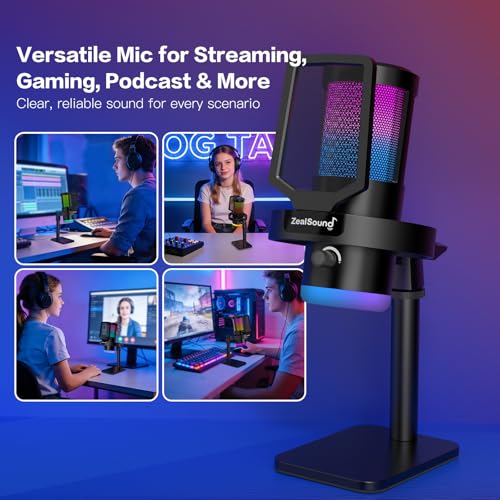 ZealSound Wireless Microphone for PC Mac iPhone iPad & Android, USB Mic with Noise Reduction, Tap Mute and Volume Control, RGB Light and Real-Time Monitoring, for Podcasting Streaming Gaming & TikTok - color: RGB