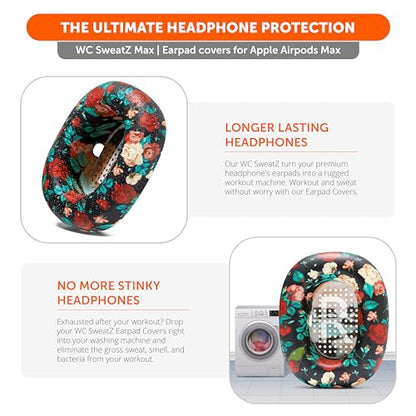 WC SweatZ Max - Patented Silicone Sweat Covers for AirPods Max 1 | Made by Wicked Cushions | (Does Not Fit AirPods Max 2). Sweatproof, Full Earpad Protection | Black Floral - color: Black Floral