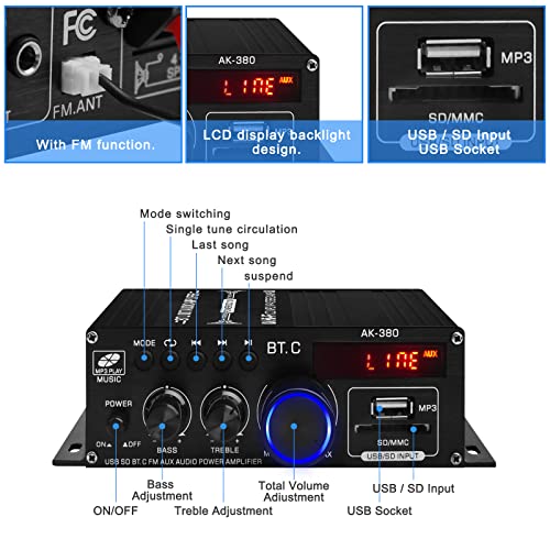 AK-380 USB SD BT.C FM AUX Audio Power Amplifier 2.0 CH 40W+40W HiFi AMP | Stereo AMP Bluetooth 5.0 Speaker Amp Receiver with 12V 5A Power Supply,FM Antenna for Car Home Bar Party - color: AK-380(2.0CH 40W+40W RMS)