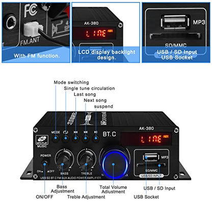 AK-380 USB SD BT.C FM AUX Audio Power Amplifier 2.0 CH 40W+40W HiFi AMP | Stereo AMP Bluetooth 5.0 Speaker Amp Receiver with 12V 5A Power Supply,FM Antenna for Car Home Bar Party - color: AK-380(2.0CH 40W+40W RMS)
