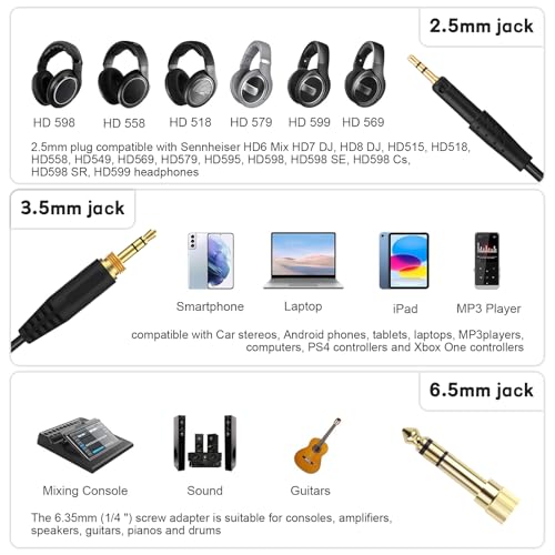 Replacement Audio Upgrade Cable for Sennheiser HD8 DJ, HD7 DJ, HD6 Mix, HD599, HD598, HD579, HD569, HD558 Headphones, 2.5mm to 3.5mm Aux Cord with 6.35mm Adapter Retractable Coiled Design (4FT-15FT)