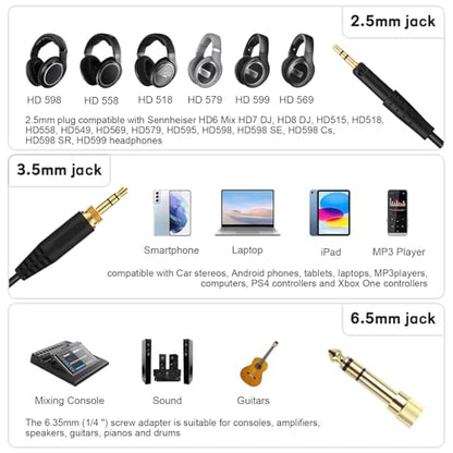 Replacement Audio Upgrade Cable for Sennheiser HD8 DJ, HD7 DJ, HD6 Mix, HD599, HD598, HD579, HD569, HD558 Headphones, 2.5mm to 3.5mm Aux Cord with 6.35mm Adapter Retractable Coiled Design (4FT-15FT)