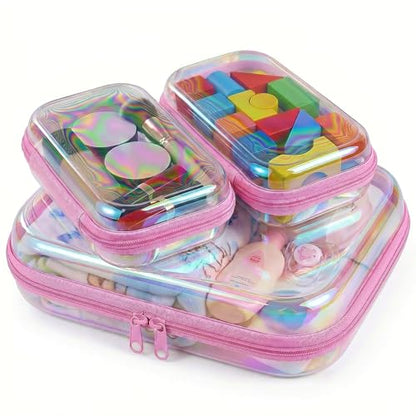 3Pcs Clear Hard Shell Zipper Case, TSA Approved Toiletry Bags with Iridescent Scratch-Proof Surface, Waterproof Cosmetic Bag Makeup Case Travel Organizer Pouches for Diapers, Toys Storage, 2S+1M