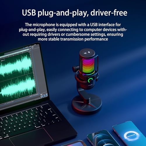 Docooler USB Condenser Dynamic Microphone with ENC Noise Reduction Quick Mute RGB Lighting Volume Gaming Microphone Control for Laptop Desktop PC Gaming Live Streaming Recording