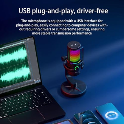 Docooler USB Condenser Dynamic Microphone with ENC Noise Reduction Quick Mute RGB Lighting Volume Gaming Microphone Control for Laptop Desktop PC Gaming Live Streaming Recording