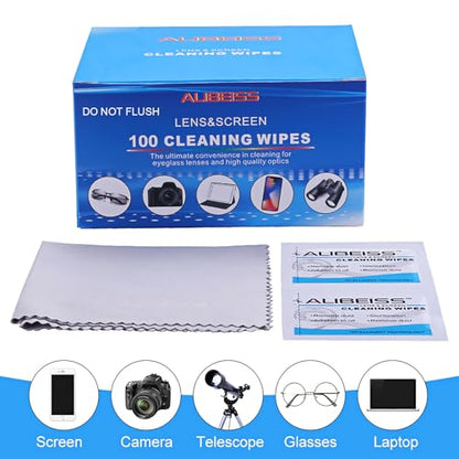 Pre-Moistened Lens Wipes ALIBEISS Screen Wipes for Glasses, Camera,Tablets, Smartphone, Screens and Other Delicate Surfaces,Pack of 100