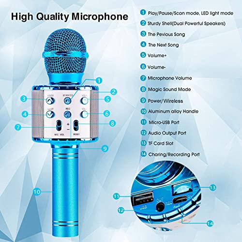 BlueFire 4 in 1 Karaoke Wireless Microphone with LED Lights, Portable Microphone for Kids, Great Toys for Kids, Girls, Boys and Adults (Blue) - color: Blue