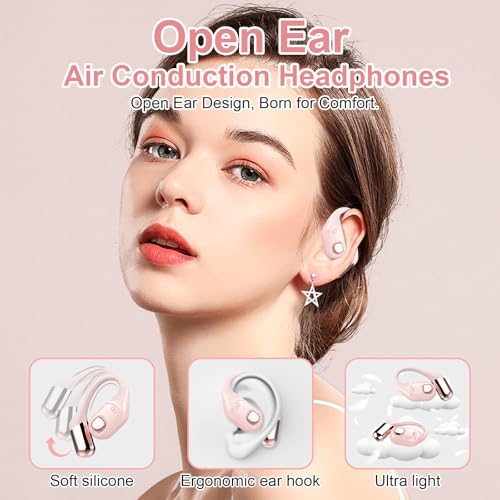 Open Ear Earbuds, Bluetooth 5.3 Wireless Air Conduction Headphones with Mic, LED Display Charging Case&Fast Charging, Ultra-Light Weight, 80H Playtime Earbuds for Work, Sports (Pink) - color: Pink