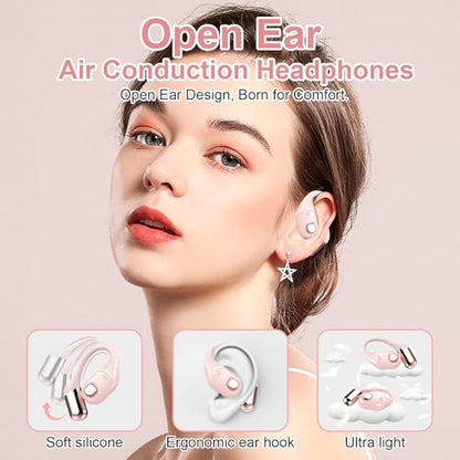 Open Ear Earbuds, Bluetooth 5.3 Wireless Air Conduction Headphones with Mic, LED Display Charging Case&Fast Charging, Ultra-Light Weight, 80H Playtime Earbuds for Work, Sports (Pink) - color: Pink