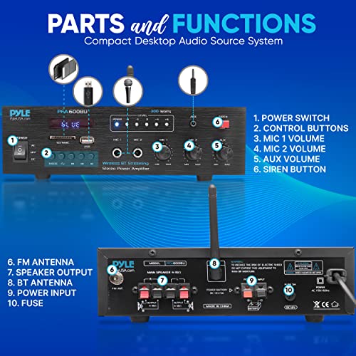 Pyle 300W Bluetooth Karaoke Amplifier - 2-Channel PA System with FM Radio - USB/SD - AUX - 2 Mic Inputs - Siren Alarm - 12V Power Option - Remote Control for Home, Car, and Bus Tours - PFA600BU