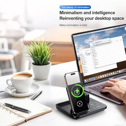 IHAO 3in1 Auto-Rising Wireless Charging Station 15W Fast Charge Ultra-Slim Foldable Design Wireless Charger for Phone Earbud and i-Watch QC3.0 & PD Compatible - color: 3in1 wireless Charger R13 Black