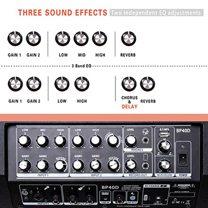 Coolmusic BP40D Powered Acoustic Guitar Amplifier- Portable Bluetooth Speaker 80W W/Battery with Reverb Chorus Delay Effect, 6 Inputs,3 Band EQ, Black - color: Black