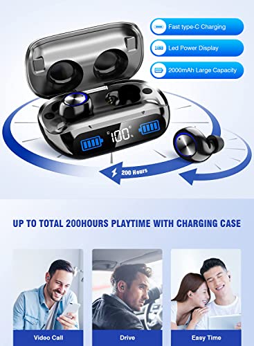 Wireless Earbuds 200hrs Bluetooth Playback, IPX7 Waterproof, Noise Canceling LED Power Display Earphones with Charging Case, In-Ear, Headphones with Mic for Phone Smart TV Laptop Computer Android iOS