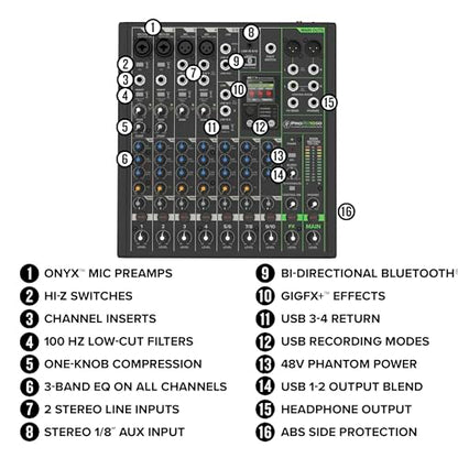 Mackie ProFX10 GO Battery-Powered 10-Channel Analog Audio Mixer With Bluetooth, USB-C Recording Modes, GigFX+ Effects, Onyx Preamps, EQ, Compression, Up to 8 Hours Battery Life | Bluetooth, USB-C Recording Modes, GigFX Plus Effects, Onyx Preamps, EQ, Comp
