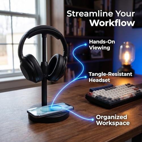 GANAZONO Headset Stand with Phone Holder, Dual Slot Plastic Headphone and Phone Organizer, Adjustable Desktop Stand for Gaming Desks and Workspaces, Prevents Scratch and Keeps Devices Neat