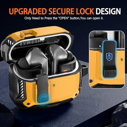 Safety Lock Case for Samsung Galaxy Buds3 FE/3/3 Pro (Yellow) | with Phone Stand,with Secure Lock Clip & Cleaning kit Full Body Shockproof Carbon Fiber Protection Design - color: D-yellow