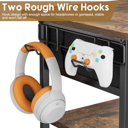 Hongtamoya 4-Tier AV Media Stand with Drawer, Gaming Console Shelf | Audio Rack Tower with 2 Hooks for PS5, Xbox, Switch, DVD Player, Record Player, Projector and TV Accessories Storage