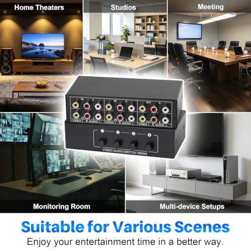 4 in 2 Out 4-Way RCA Switch Composite AV Selector Switcher Box | Plug & Play 4x2 RCA Video Audio AV Switcher for PS2 PS3 Wii Xbox HDTV DVD Game Consoles - size: 4 IN 2 OUT