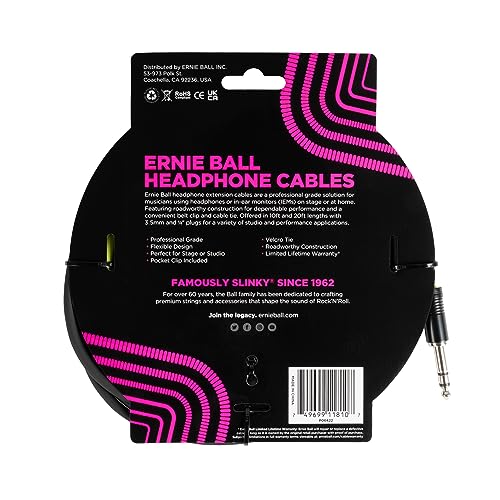 Ernie Ball Headphone Extension Cable 1/4 to 3.5mm 10ft - Black - size: 10 feet, style: 1/4" to 3.5mm
