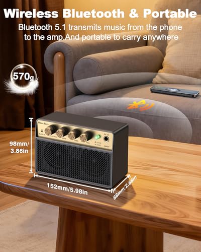 Guitar Amp with Clean Drive, 3.5mm /AUX 6H Work for Indoor Practice Travel | 10W Mini Guitar Amplifier USB-C Rechargeable Bluetooth Small Portable Amp