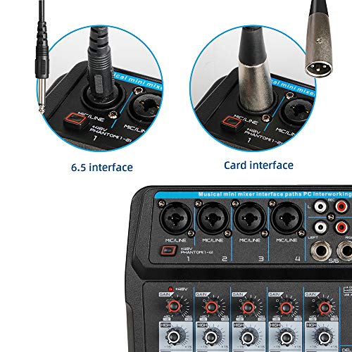 Professional DJ Audio Mixer, NEW BAXS 6 Channel Bluetooth Controller Sound Mixer, USB Interface, 99-Bit DSP XLR, AUX, TRS Processor MP3 Player w/48V Phantom For Karaoke Studio Streaming Recording